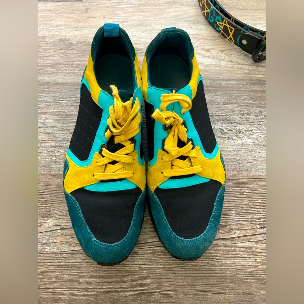 Blue & Yellow Gucci Sneakers and Belt Set